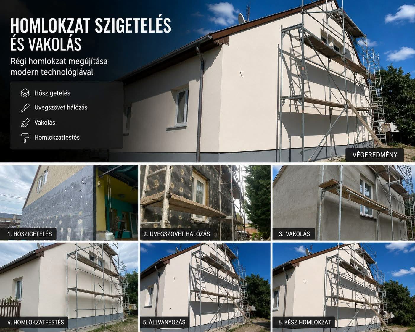 Homlokzati hőszigetelés és vakolás